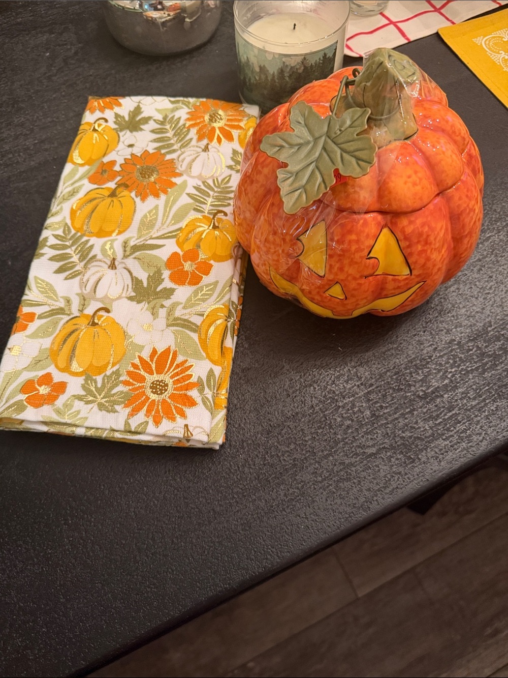 Festive Orange Ceramic Pumpkin Jar with Autumn Floral kitchen towel nwt